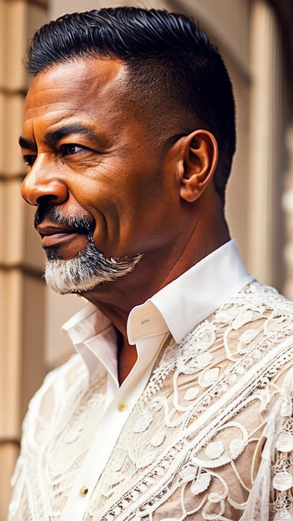 Middle-aged man wearing a white lace dress