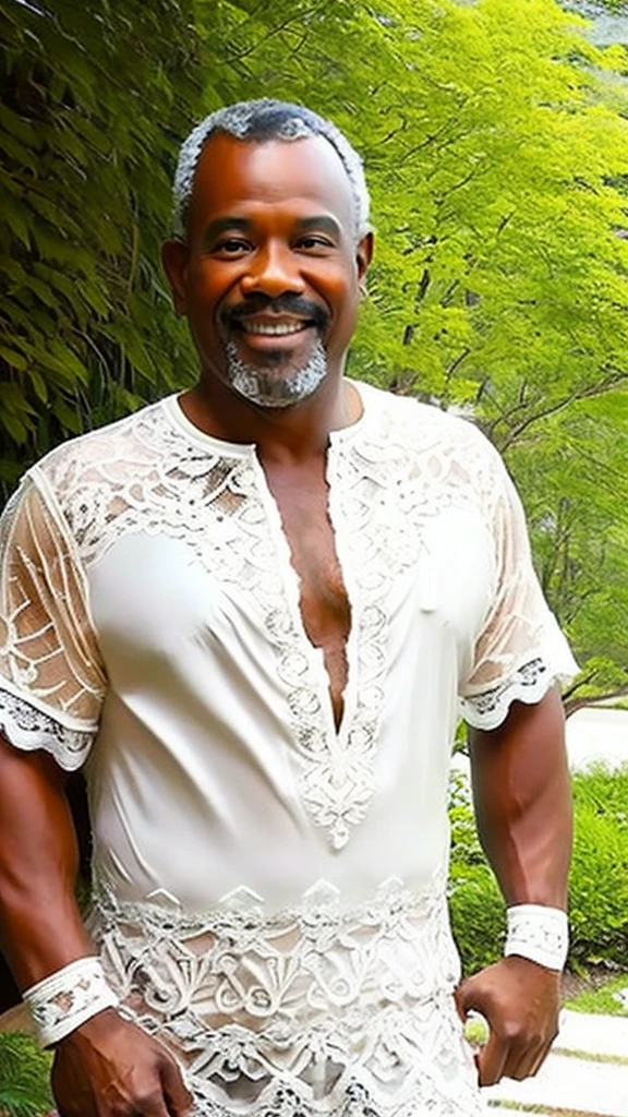 Middle-aged man wearing a white lace dress