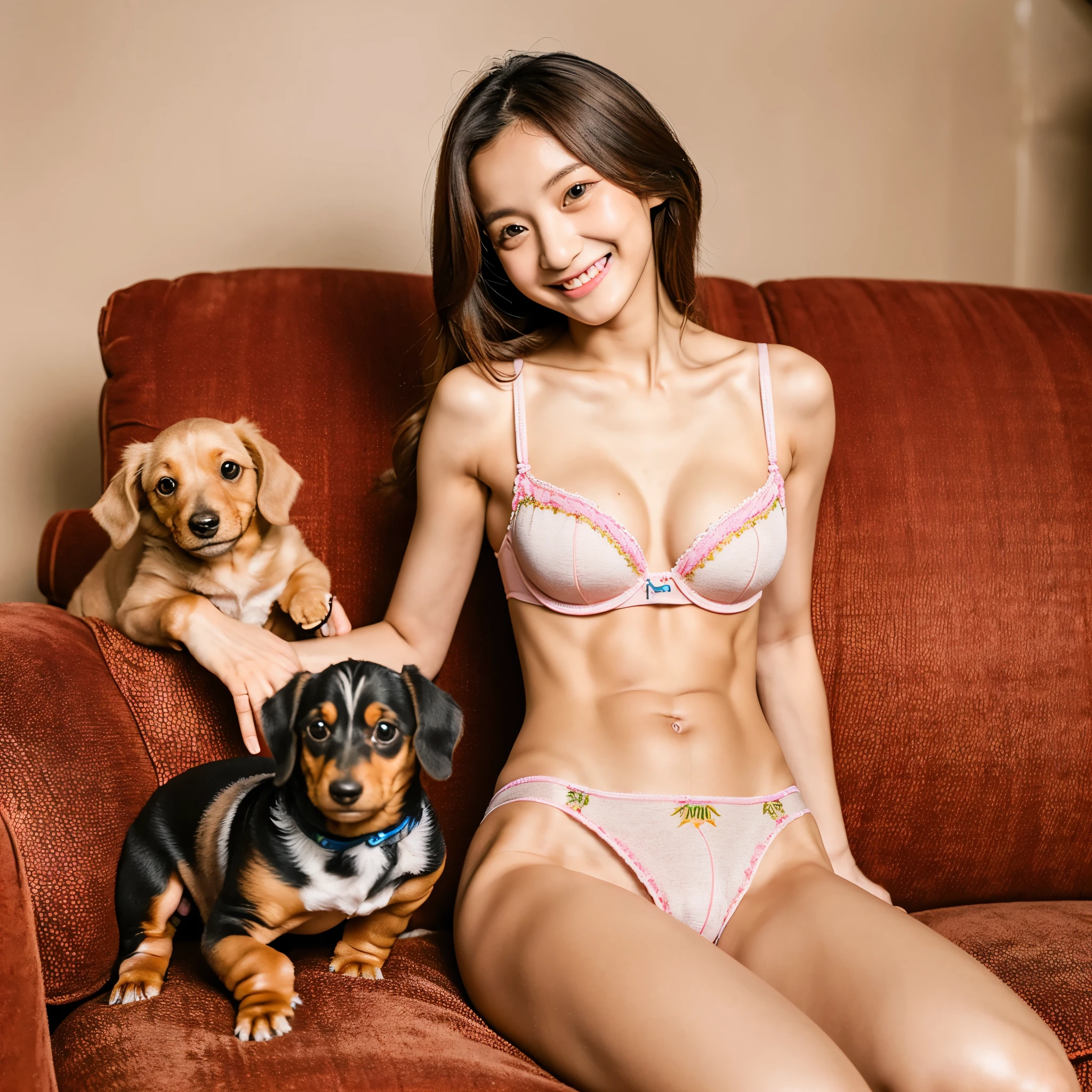 Cute face like an 18-year-old idol　Smiling Kindly　In underwear　Full body portrait　Slightly large bust　sofa　Holding her cute pet miniature dachshund　((Anatomically correct limbs)),RAW Photos　Genuine　Indistinguishable from live-action　Raw photo