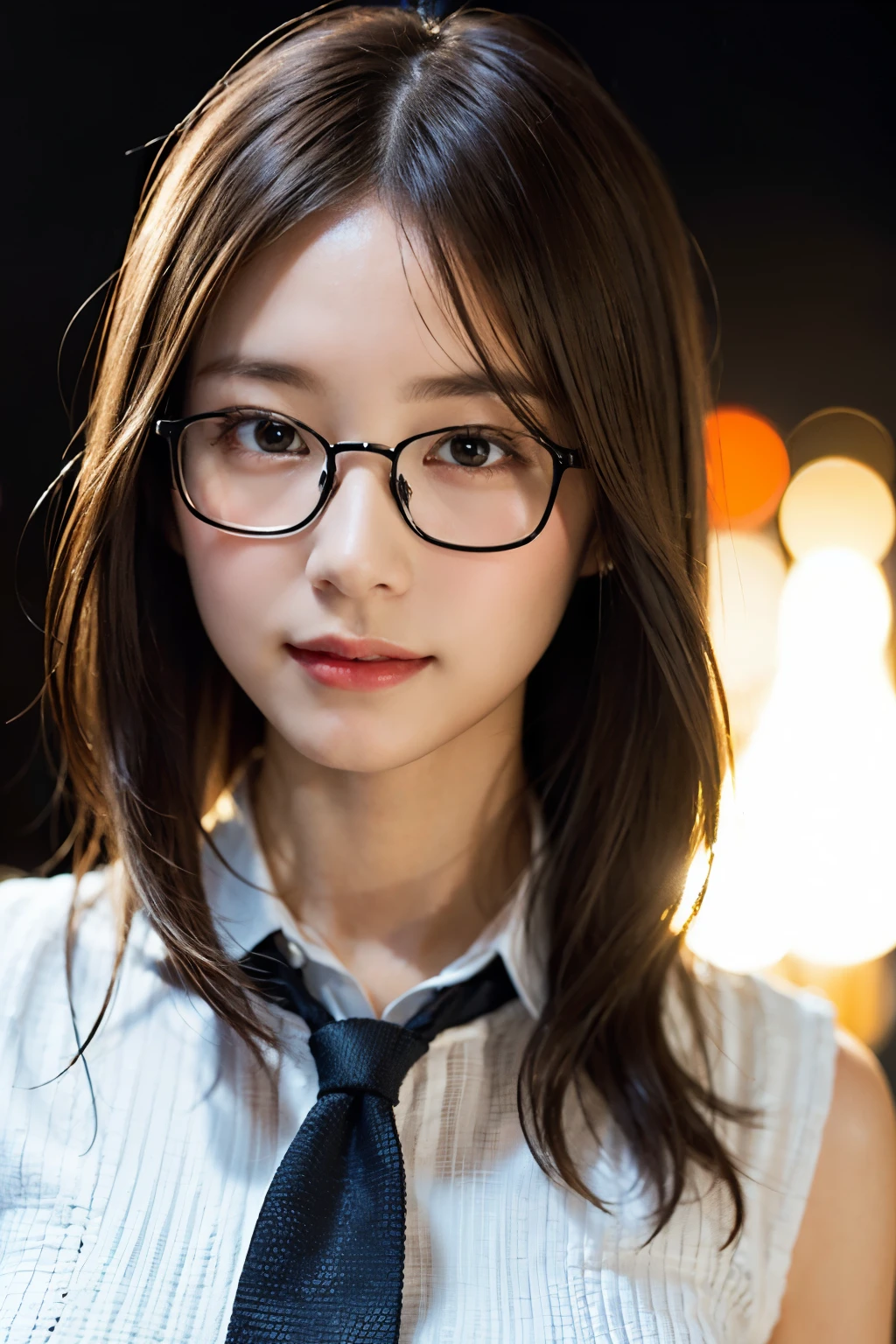 (8k、Raw photo、highest quality、masterpiece:1.2)、(Realistic、Photorealistic:1.37)、Ultra-detailed、超A high resolution、1 girl、Seeing the viewer、Beautifully detailed face、Laughter、narrow、(Slim waist) :1.3)、((White blouse))、Beautifully detailed skin、Skin Texture、Floating Hair、((Tie your hair together))、Professional Lighting、In front of the station at noon、((Black square glasses))、Human whole body、Brown Hair