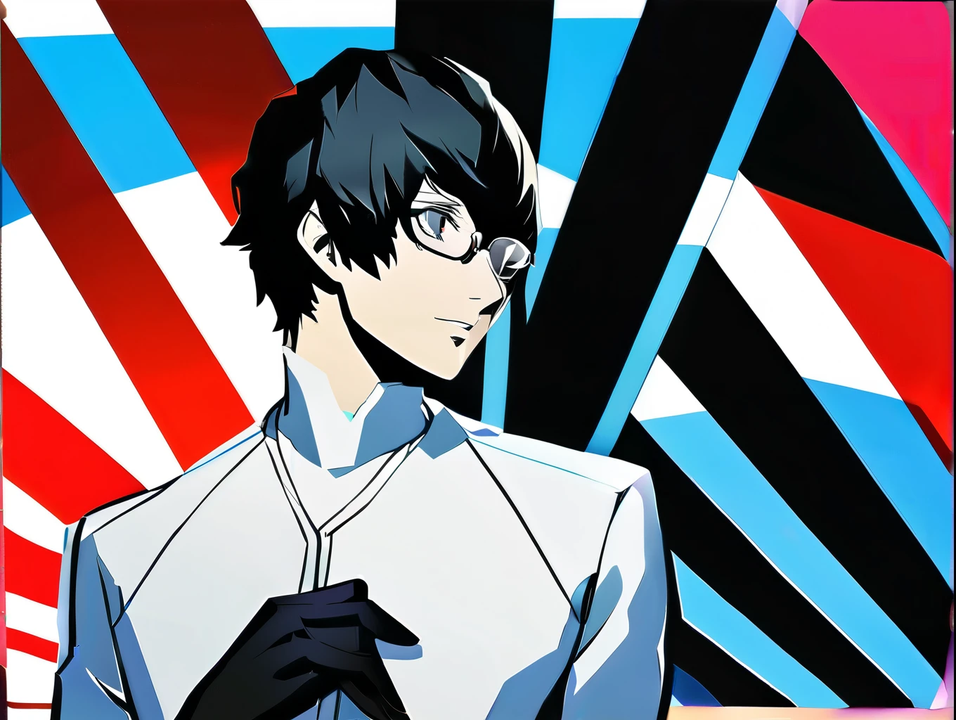 16K,UHD,Very detailed,Persona 5,Black Hair,Black-rimmed glasses,1 male,White long coat,Light blue inner,Black gloves,Taking a break