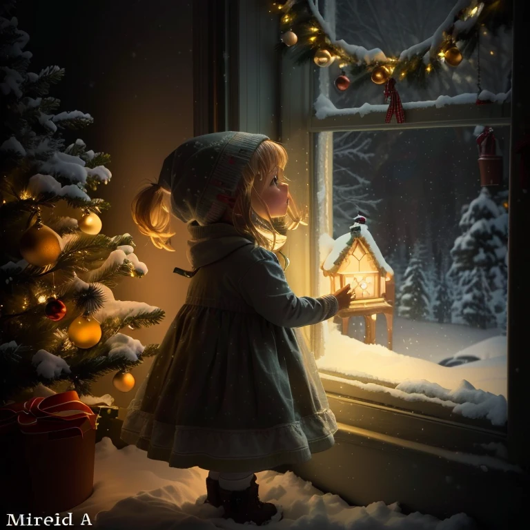arafed image of a I look out the window at a christmas tree, next to the window, looking out the window, looking out the window, Cold light from the window, Christmas night, I look out the window, I look out the window, I look out the window, near the window, I look outside, tiny girl looking, absolutely outstanding image