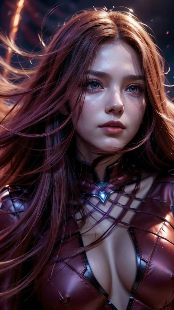 1girl,hips up,scarlet witch, avengers, wanda maximoff, detailed face, beautiful eyes, detailed facial features, long hair, red hair, scarlet costume, magical energy, powerful, dramatic lighting, cinematic, epic, fantasy, hyperrealistic, 8k, high resolution, concept artp