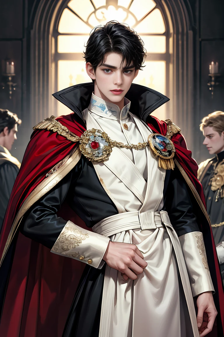 
masterpiece, 最high quality, high quality, 1 boy, alone, Male focus, Watching the audience,  Messy black hair, Adorable big blue eyes, White, Noble, Noble, Sexy voluminous cape、A very voluminous, large, very large, very large, long, long red and black cape made with a lot of fabric that reaches down to the floor, with a stand-up collar that is higher than the face., 17 years old,Cute beautiful boys,Cute, cute, kind, handsome guy