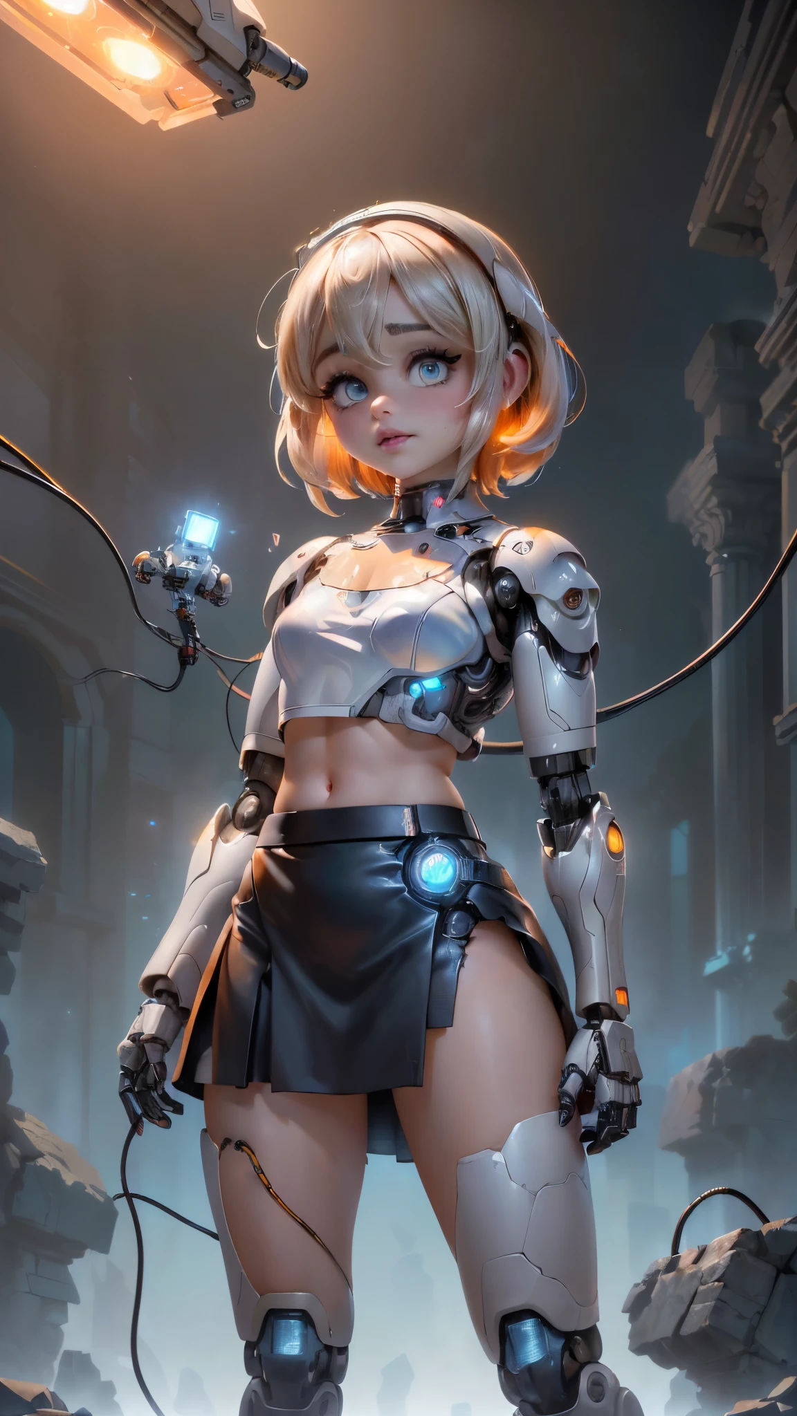 (La mejor calidad,A high resolution,Ultra - detallado,actual),sabrina carpenter cyborg transparent ,,(Fondo de ruinas de mazmorra en ruinas piedras grandes cyberpunk :1.4 ), (weared in (translucent:1.2), ( mini skirt cyborg orange :1.4), top corto white transparent ,,(Fondo de ruinas de mazmorra en ruinas cyberpunk :1.4 ), (Mechanical vertebrae attached to the back, mechanical cervical attachment to the neck, (alambres y cables que se conectan:1.4 ) , Evangelion,( small bright LED lamps:1.4) , More detailed 8K.motor irreal:1.4,UHD,La mejor calidad:1.4, fotorrealista:1.4, textura de la piel:1.4, obra maestra:1.8,obra-prima, mejor calidad,objeto Objeto], (detailed face features:1.3),(Las proporciones correctas),(Ojos hermosos azules),  (pose vaquero),( sabrina carpenter:1.4), (sabrina carpenter V2.1),( perfect anatomy:1.4), (cyborg mechanical robot transparent plastic white:1.4), ,(Fondo de ruinas de mazmorra en ruinas piedras grandes caverna :1.4 ), (cinematic lighting :1.4), (fondo laboratorio robotic :1.4), (Cyborg inteligencia artificial :1.4),( face detailed :1.4), (no mutaciones),, (manos perfectas: 1.5),( dynamic cowboy pose), (mostrando panties),( surrounded by monster genetic beasts :1.4) 