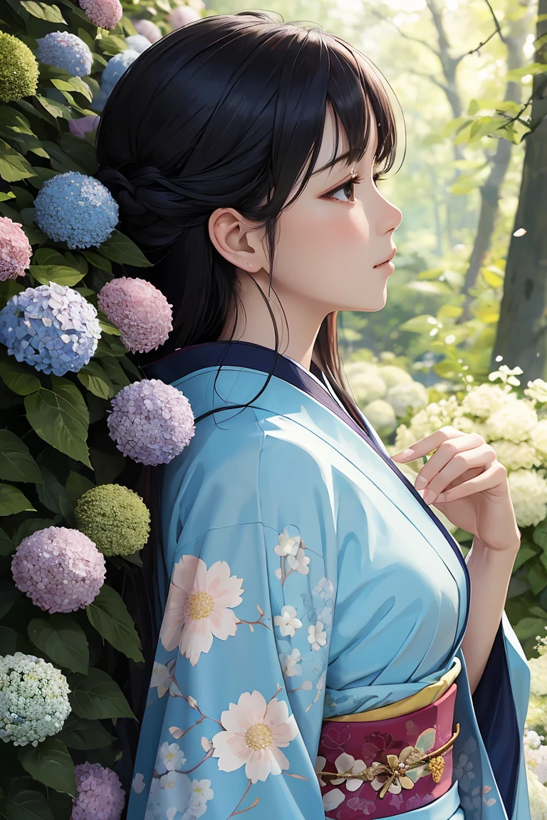 masterpiece ,highest quality, delicateな髪の美しい女性, Flowers, forest, June,Hydrangea,profile,Fleeting,beauty,delicate,Cinematic,Japanese women,profile,mature,Shiny woman,Downward Angle,Beautiful light blue floral kimono