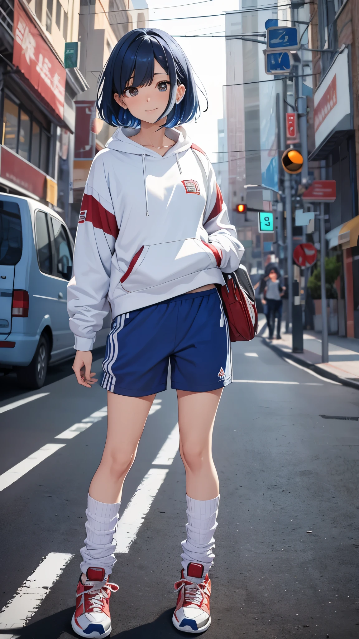 One girl,short hair,blue hair mixed colored red hair,((jersey,sports style)),rage,laugh,grin,slender body,socks,sneakers.