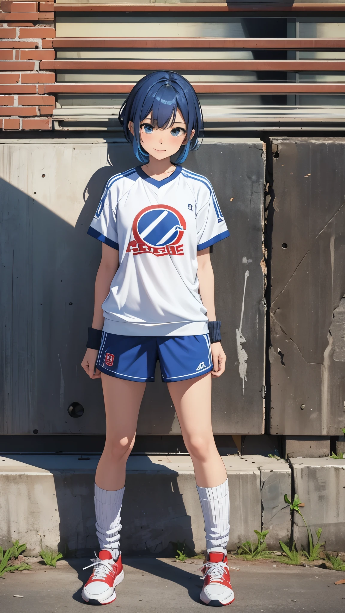 One girl,short hair,blue hair mixed colored red hair,((jersey,sports style)),rage,laugh,grin,slender body,socks,sneakers.