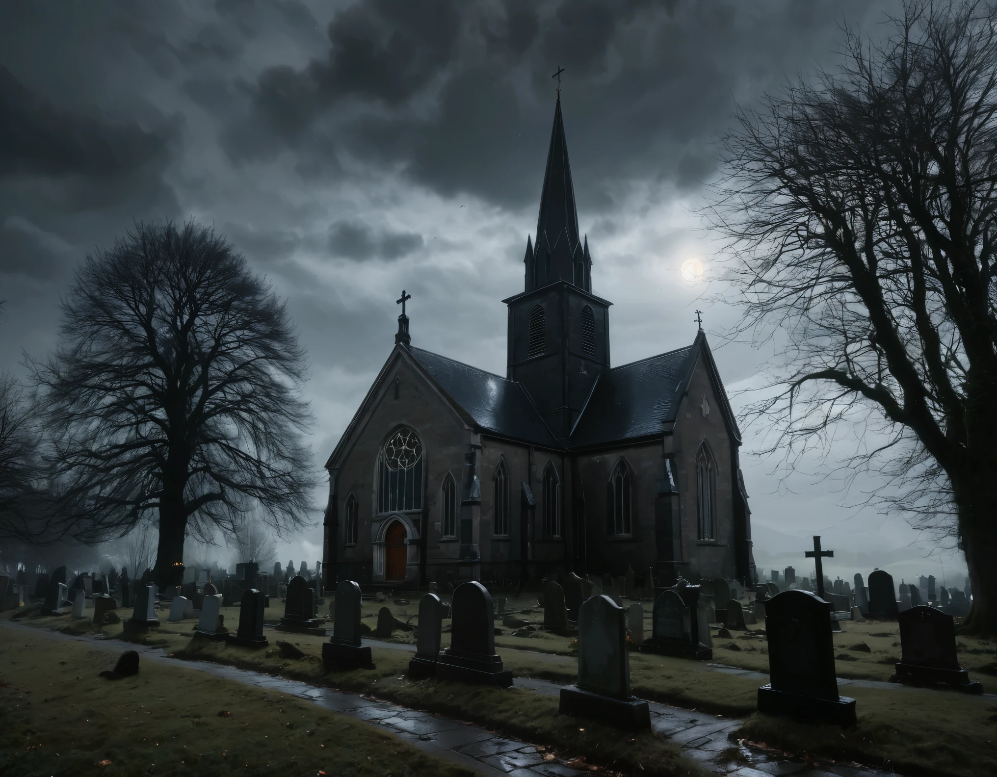 Create a dark, atmospheric scene featuring a small, eerie church with illuminated windows. The church, with its pointed steeple and cross, sits to the right of the image. A leafless, gnarled tree stands next to the church, its branches twisted and reaching out ominously. In the foreground on the left, there is a wooden gallows with a noose hanging down. A cobblestone path leads to the church entrance, and a fence runs along the left side of the scene. The sky is filled with dramatic, swirling clouds that transition from dark and stormy on the left to a glowing, golden hue on the right, casting an eerie light over the entire scene. Gravestones are faintly visible in the background, adding to the haunted atmosphere. The overall mood should be gothic and haunting, evoking a sense of mystery and foreboding.