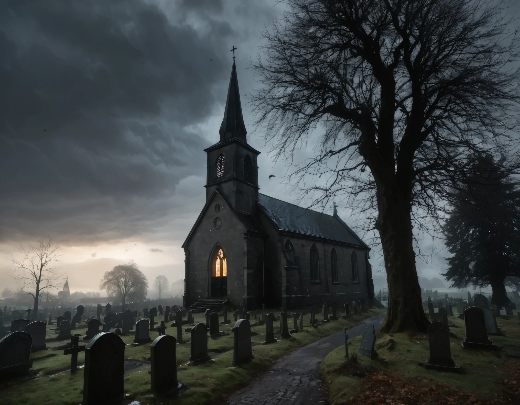 Create a dark, atmospheric scene featuring a small, eerie church with illuminated windows. The church, with its pointed steeple and cross, sits to the right of the image. A leafless, gnarled tree stands next to the church, its branches twisted and reaching out ominously. In the foreground on the left, there is a wooden gallows with a noose hanging down. A cobblestone path leads to the church entrance, and a fence runs along the left side of the scene. The sky is filled with dramatic, swirling clouds that transition from dark and stormy on the left to a glowing, golden hue on the right, casting an eerie light over the entire scene. Gravestones are faintly visible in the background, adding to the haunted atmosphere. The overall mood should be gothic and haunting, evoking a sense of mystery and foreboding.