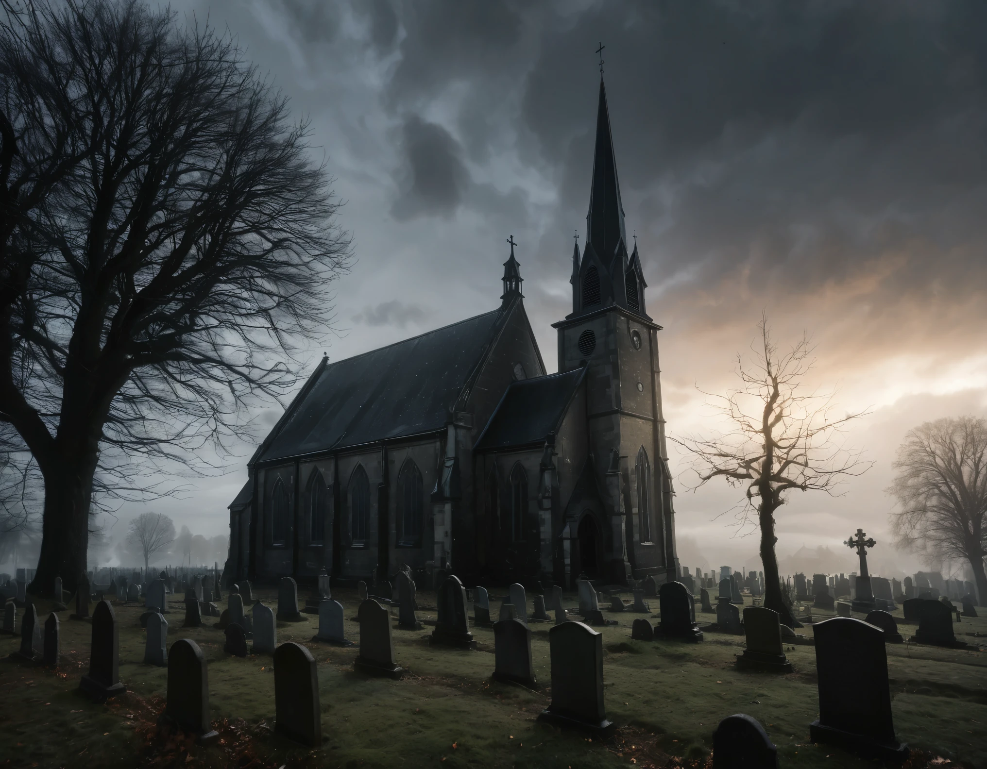 Create a dark, atmospheric scene featuring a small, eerie church with illuminated windows. The church, with its pointed steeple and cross, sits to the right of the image. A leafless, gnarled tree stands next to the church, its branches twisted and reaching out ominously. In the foreground on the left, there is a wooden gallows with a noose hanging down. A cobblestone path leads to the church entrance, and a fence runs along the left side of the scene. The sky is filled with dramatic, swirling clouds that transition from dark and stormy on the left to a glowing, golden hue on the right, casting an eerie light over the entire scene. Gravestones are faintly visible in the background, adding to the haunted atmosphere. The overall mood should be gothic and haunting, evoking a sense of mystery and foreboding.