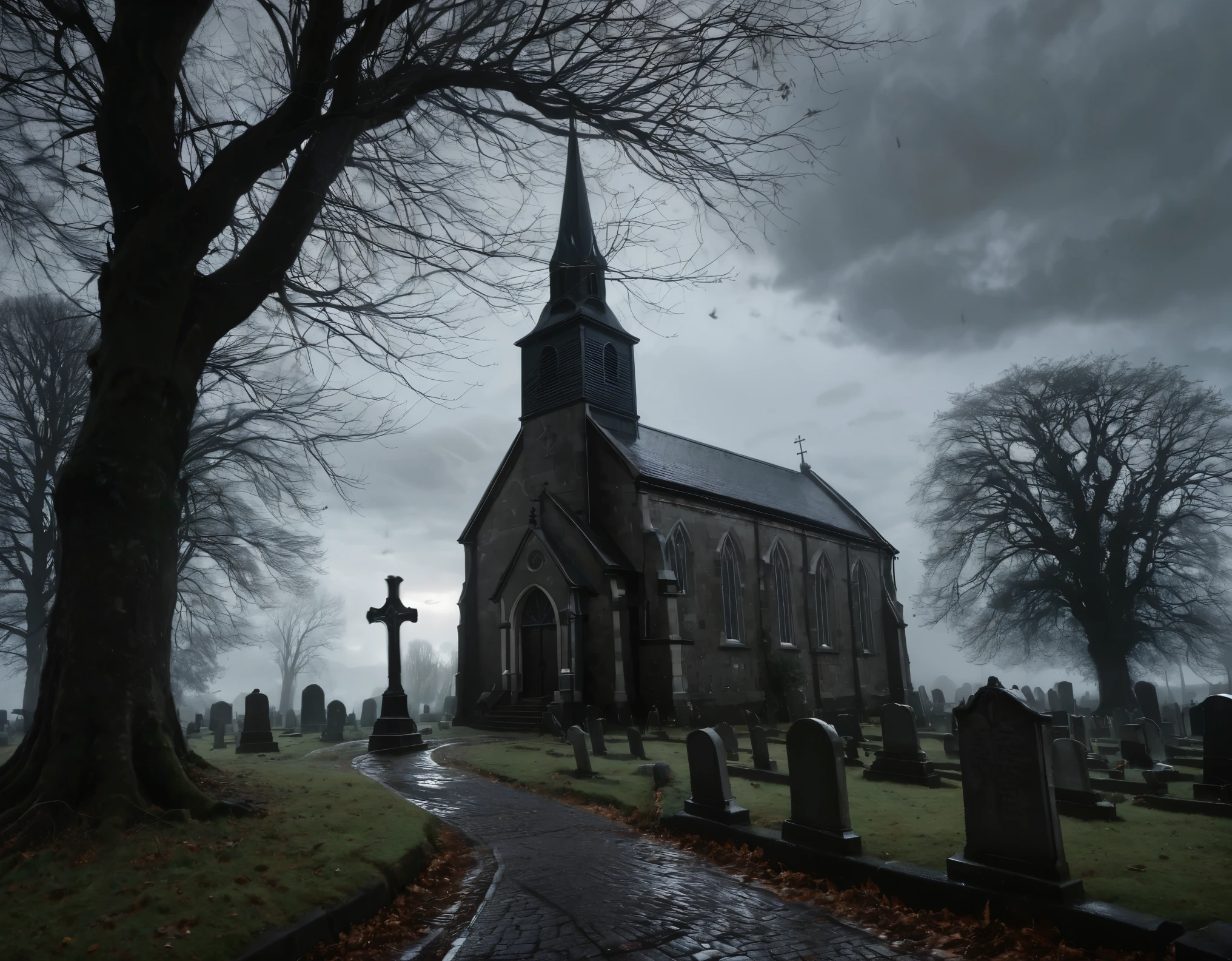 Create a dark, atmospheric scene featuring a small, eerie church with illuminated windows. The church, with its pointed steeple and cross, sits to the right of the image. A leafless, gnarled tree stands next to the church, its branches twisted and reaching out ominously. In the foreground on the left, there is a wooden gallows with a noose hanging down. A cobblestone path leads to the church entrance, and a fence runs along the left side of the scene. The sky is filled with dramatic, swirling clouds that transition from dark and stormy on the left to a glowing, golden hue on the right, casting an eerie light over the entire scene. Gravestones are faintly visible in the background, adding to the haunted atmosphere. The overall mood should be gothic and haunting, evoking a sense of mystery and foreboding.