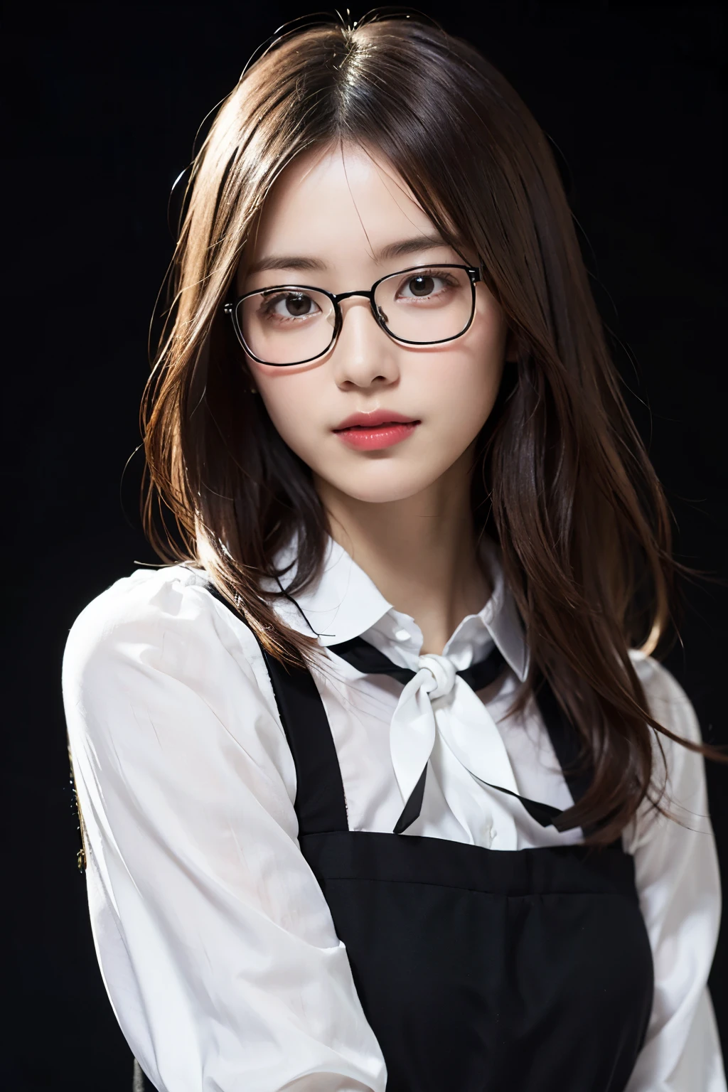 (8k、Raw photo、highest quality、masterpiece:1.2)、(Realistic、Photorealistic:1.37)、Ultra-detailed、超A high resolution、1 girl、Seeing the viewer、Beautifully detailed face、Laughter、narrow、(Slim waist) :1.3)、((White blouse))、Beautifully detailed skin、Skin Texture、Floating Hair、((Tie your hair together))、Professional Lighting、In front of the station at noon、((Black square glasses))、Human whole body、Brown Hair