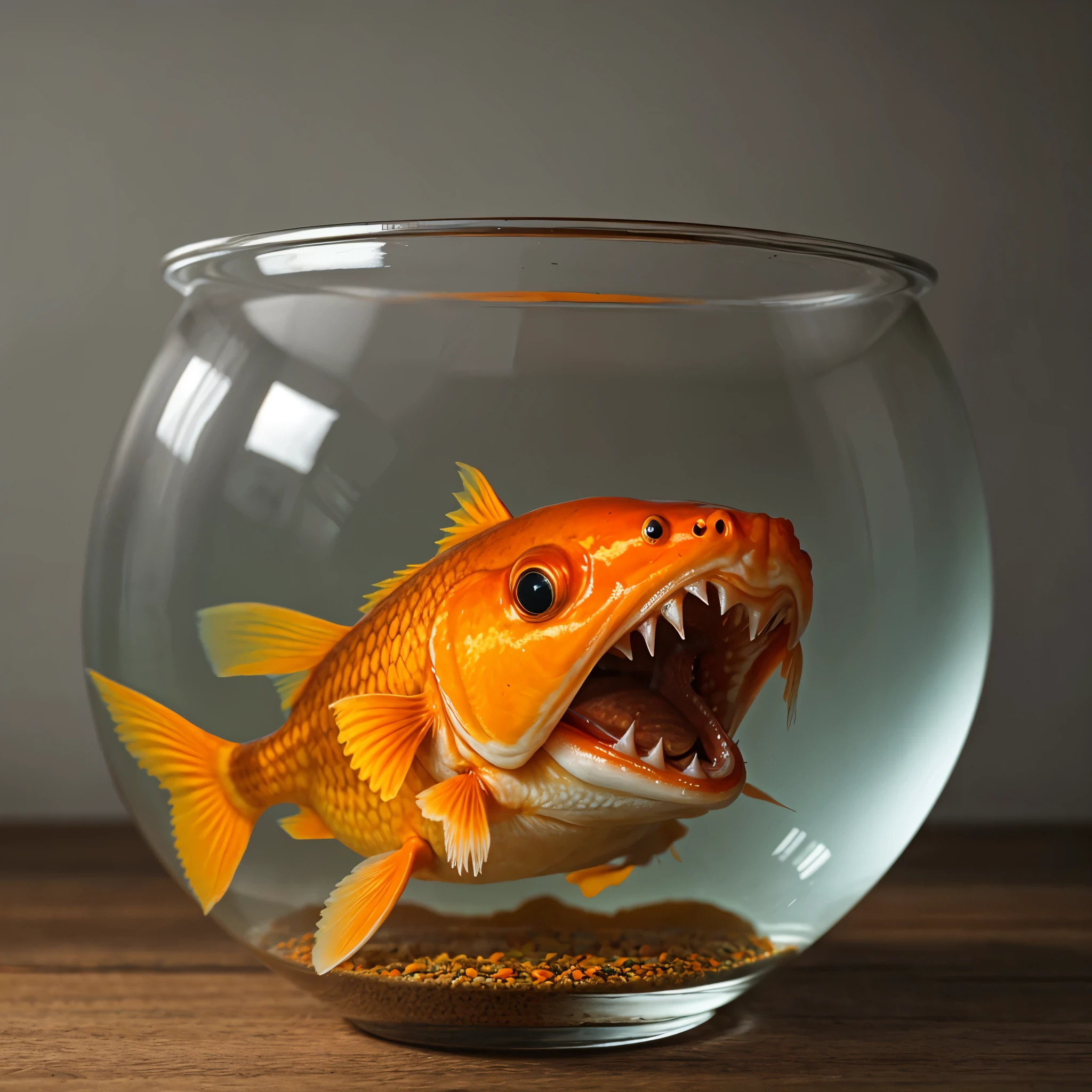 Scary goldfish, big sharp teeth, horror, fish bowl, pet fish