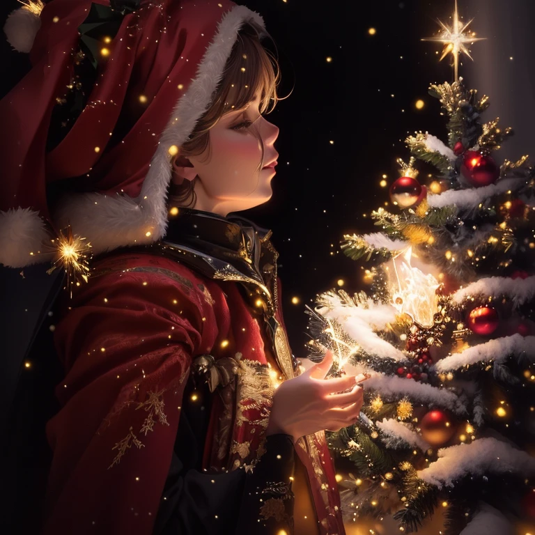 Close-up of a sparkler near a Christmas tree, Evgenius Zak, Christmas night, traditional art, profile picture, author Dechko Uzunov, Laszlo Balog, illustration!, Alexander Kucharsky, Magic glow, beautiful works of art, Alexander Gerimsky, 8K))