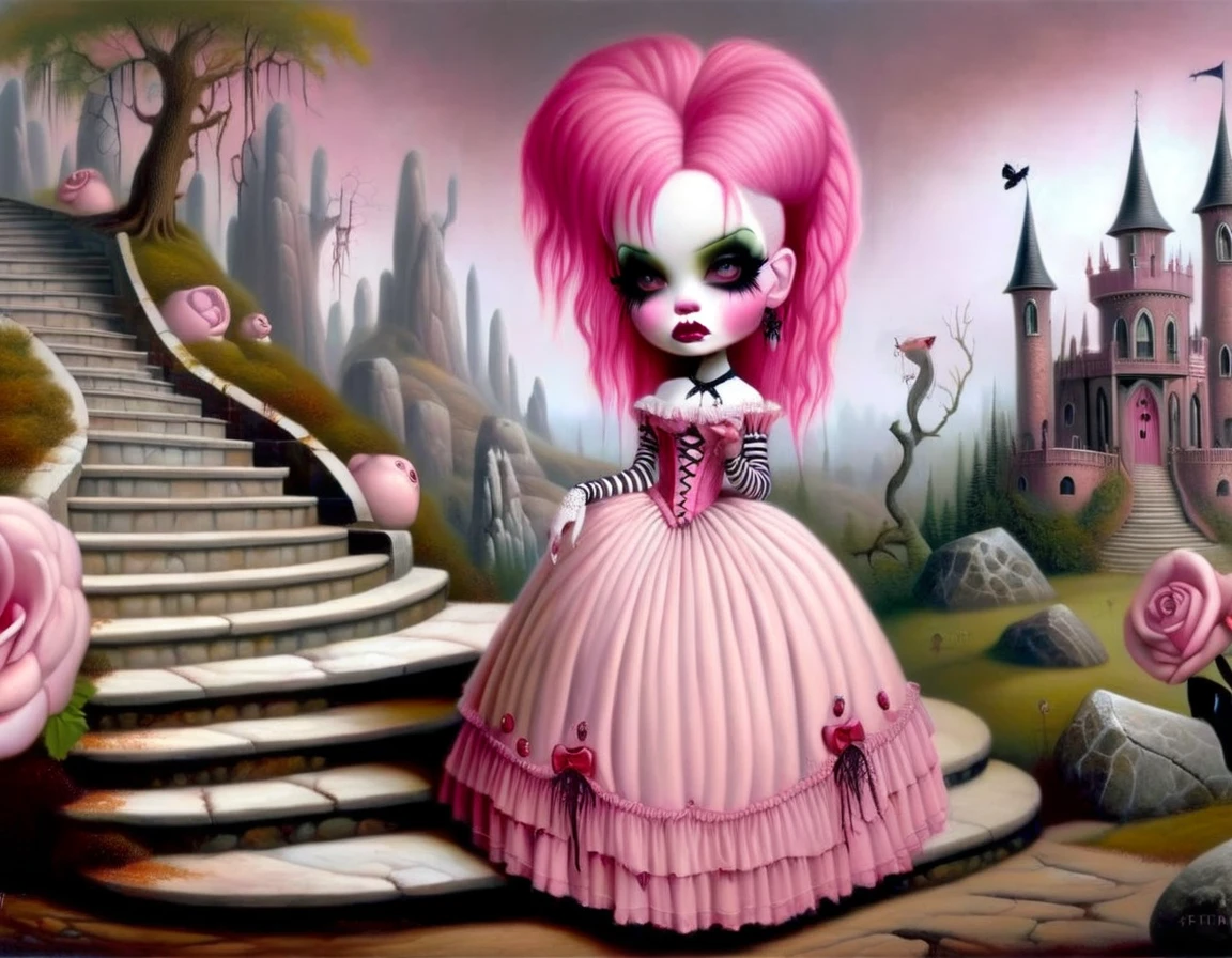 emilie autumn pink haired princess gothic victorian lowbrow, lowbrow-xl, surrealistic, absurd, bizarre, eerie, fanciful, fantastic and ludicrous, stone steps fantasy landscape,