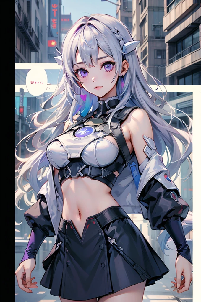 (masterpiece, highest quality), detailed, comics, boy,heart、like、Manga Page, Doujinshi, Download contents, anime, Branch Panel, (From right to left, Top to bottom), 1boy, (others boys, Various random faces, Various random hairs), (1boy, boy, Short white hair, Cyberpunk , detailedが満載)、1girl,The girl has milky white hair on top, with purple gradation towards the ends.、Braided with two knots、cyberpunk sailor suit、yinji,1girl,solo, purple eyes, long hair, twin braids, purple hair, multicolored hair, elbow gloves, bangs, very long hair,bare shoulders, black skirt, grey hair, dress, smile, side cutout,covered navel, side cutout,