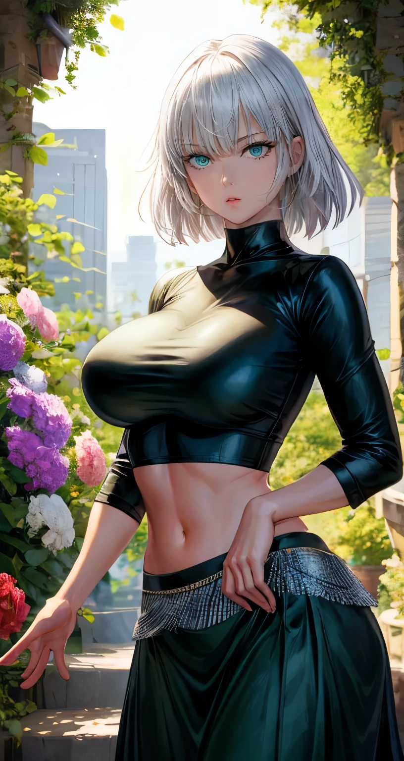 realistic, 1girl, Fubuki, white hair, green eyes, big round breasts, clear white skin, shining eyes, black crop top, dark green skirt, parted lips, rouge, night, flowers, sun, sunshine