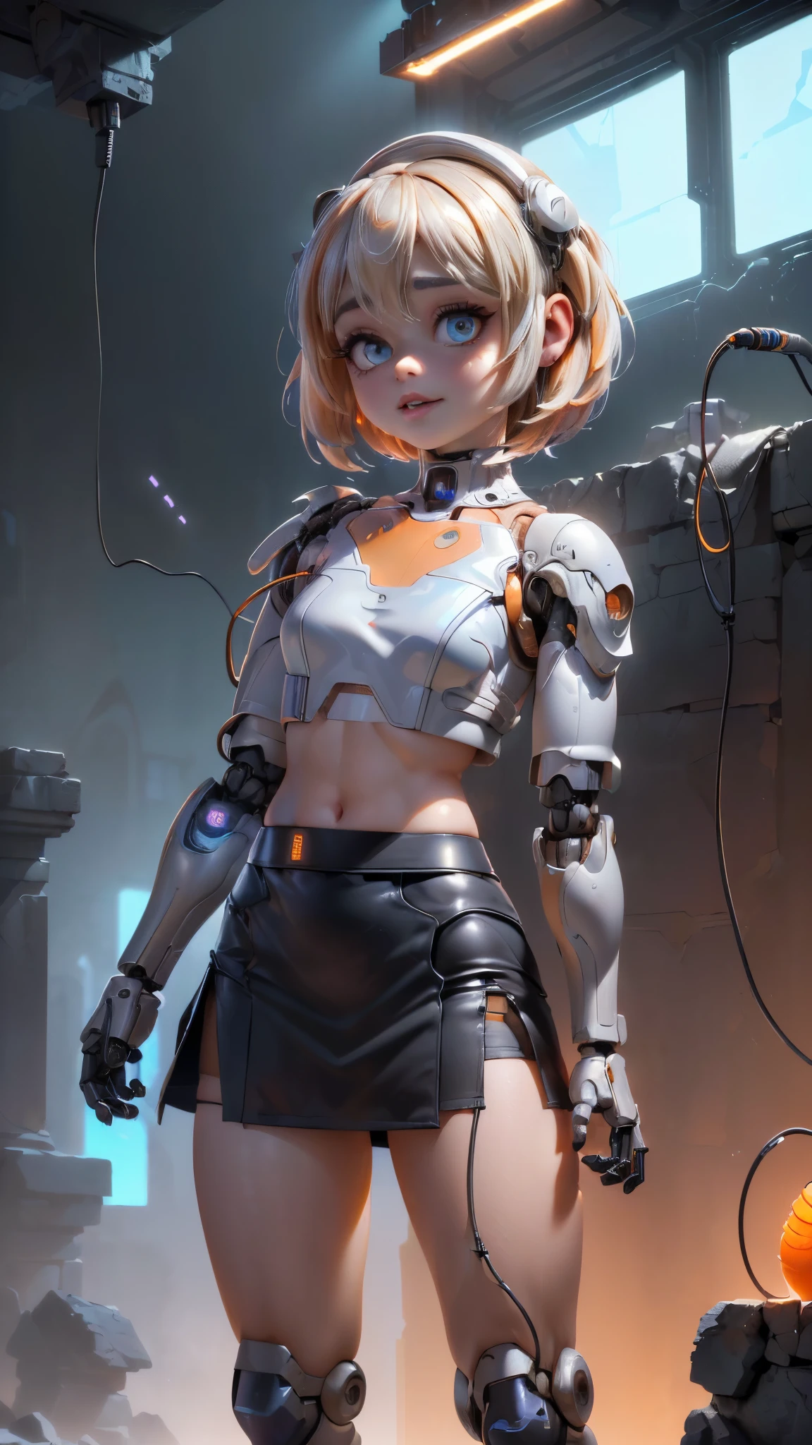 (La mejor calidad,A high resolution,Ultra - detallado,actual),sabrina carpenter cyborg transparent ,,(Fondo de ruinas de mazmorra en ruinas piedras grandes cyberpunk :1.4 ), (weared in (translucent:1.2), ( mini skirt cyborg orange :1.4), top corto white transparent ,,(Fondo de ruinas de mazmorra en ruinas cyberpunk :1.4 ), (Mechanical vertebrae attached to the back, mechanical cervical attachment to the neck, (alambres y cables que se conectan:1.4 ) , Evangelion,( small bright LED lamps:1.4) , More detailed 8K.motor irreal:1.4,UHD,La mejor calidad:1.4, fotorrealista:1.4, textura de la piel:1.4, obra maestra:1.8,obra-prima, mejor calidad,objeto Objeto], (detailed face features:1.3),(Las proporciones correctas),(Ojos hermosos azules),  (pose vaquero),( sabrina carpenter:1.4), (sabrina carpenter V2.1),( perfect anatomy:1.4), (cyborg mechanical robot transparent plastic white:1.4), ,(Fondo de ruinas de mazmorra en ruinas piedras grandes caverna :1.4 ), (cinematic lighting :1.4), (fondo laboratorio robotic :1.4), (Cyborg inteligencia artificial :1.4),( face detailed :1.4), (no mutaciones),, (manos perfectas: 1.5),( dynamic cowboy pose), (mostrando panties),( surrounded by monster genetic beasts :1.4) 
