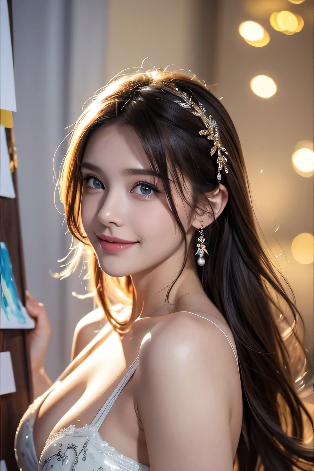(8K, best quality, masterpiece: 1.2), (best quality: 1.0), (Ultra-high resolution: 1.0), watercolor, A beautiful girl, (shining pupils,Blue pupils),Topless,(Large Breasts:1.2), (Slim Body:1.2), Extremely bright design, Soft colors, Autumn Lights, Melancholy Gray, Alexey Savrasov, Ivan Shishkin, Ilya Repin, (Card decoration: 1.2), 2d, (painting: 1.2) Very detailed,Half-length portrait,Show your shoulders,Smile,Shut up