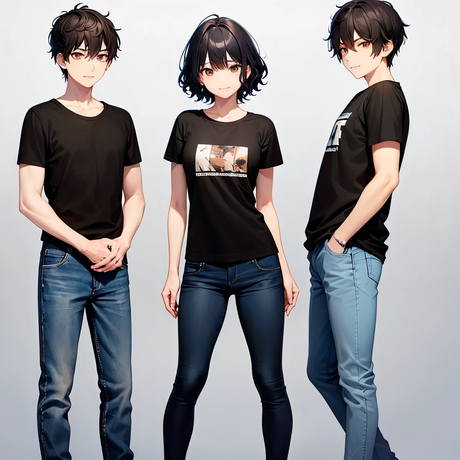 One boy、Black Hair、Brown Eyes、Short Hair、Curly hair、smile、T-Shirts、jeans、upright、Front view、high quality、high resolution、whole body
