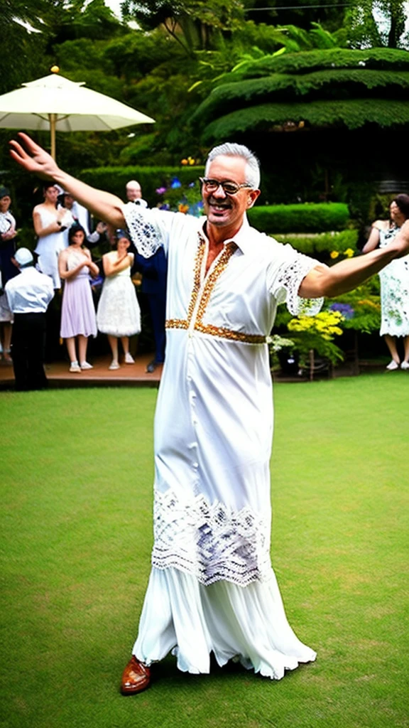 Middle-aged man wearing a white lace dress、Dance merrily、garden、audience