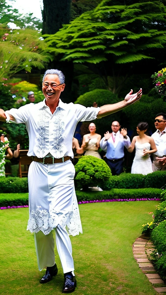 Middle-aged man wearing a white lace dress、Dance merrily、garden、audience