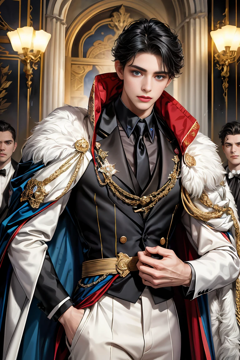 
masterpiece, 最high quality, high quality, 1 boy, alone, Male focus, Watching the audience,  Messy black hair, Adorable big blue eyes, White, Noble, Noble,Sexy voluminous cape、Tuxedo、A very voluminous, large, very large, very large, long, long red and black cape with a high stand-up collar, reaching down to the floor, made of a lot of fabric., ,Cute beautiful boys,Cute, cute, kind, handsome guy