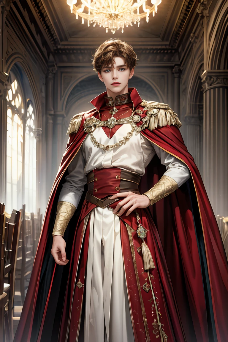 masterpiece, 最high quality, high quality, 1 boy, alone, Male focus, Watching the audience, Messy brown hair, Adorable big blue eyes, White, Noble, Noble, Sexy voluminous cape、A very voluminous, large, very large, very large, long, long red and black cape made with a lot of fabric that reaches down to the floor, with a stand-up collar that is higher than the face., ,Cute beautiful boys,Cute, cute, kind, handsome guy