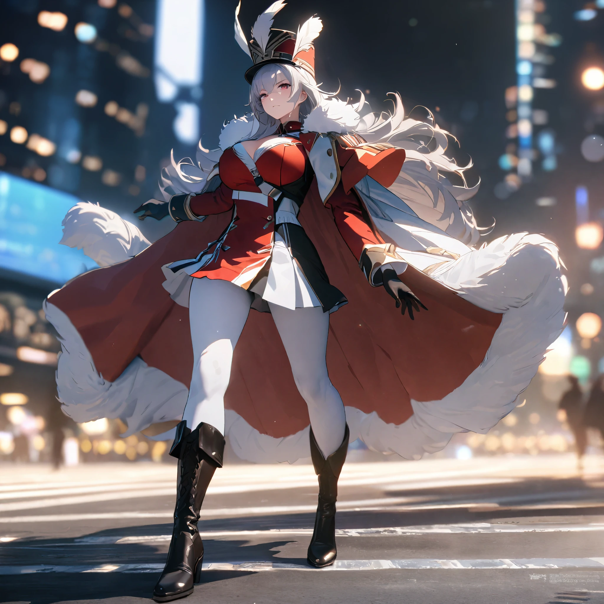 A woman wearing gray marching band uniform, gold shoulder pads, black gloves, white tights, leather boots, Plumes Marching Band hat, long silver hair, serious face, large breasts, white fur cape, burgundy eyes, walking on the concrete runway of a big city with blurred background, full body, UHD, masterpiece, accurate, anatomically correct, textured skin, super detail, high quality, best quality, 8k, high resolution, bokeh effect.,UHD, masterpiece, accurate, anatomically correct, textured skin, super detail, high quality, best quality, 8k, high resolution, bokeh effect.
