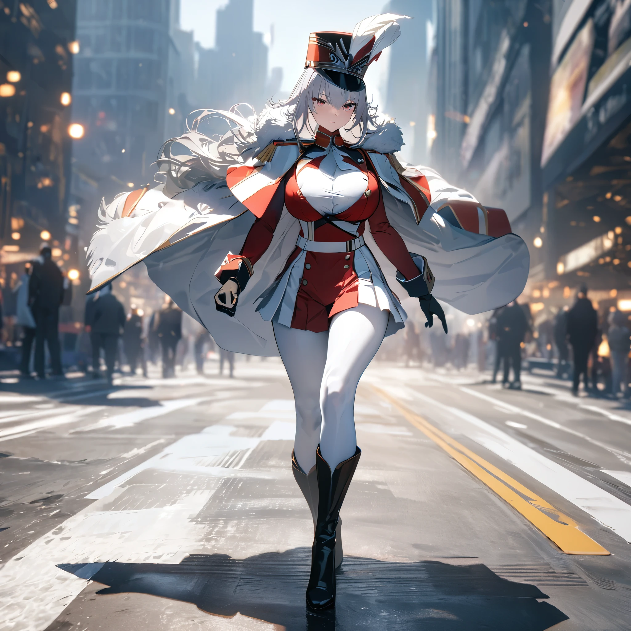 A woman wearing gray marching band uniform, gold shoulder pads, black gloves, white tights, leather boots, Plumes Marching Band hat, long silver hair, serious face, large breasts, white fur cape, burgundy eyes, walking on the concrete runway of a big city with blurred background, full body, UHD, masterpiece, accurate, anatomically correct, textured skin, super detail, high quality, best quality, 8k, high resolution, bokeh effect.,UHD, masterpiece, accurate, anatomically correct, textured skin, super detail, high quality, best quality, 8k, high resolution, bokeh effect.
