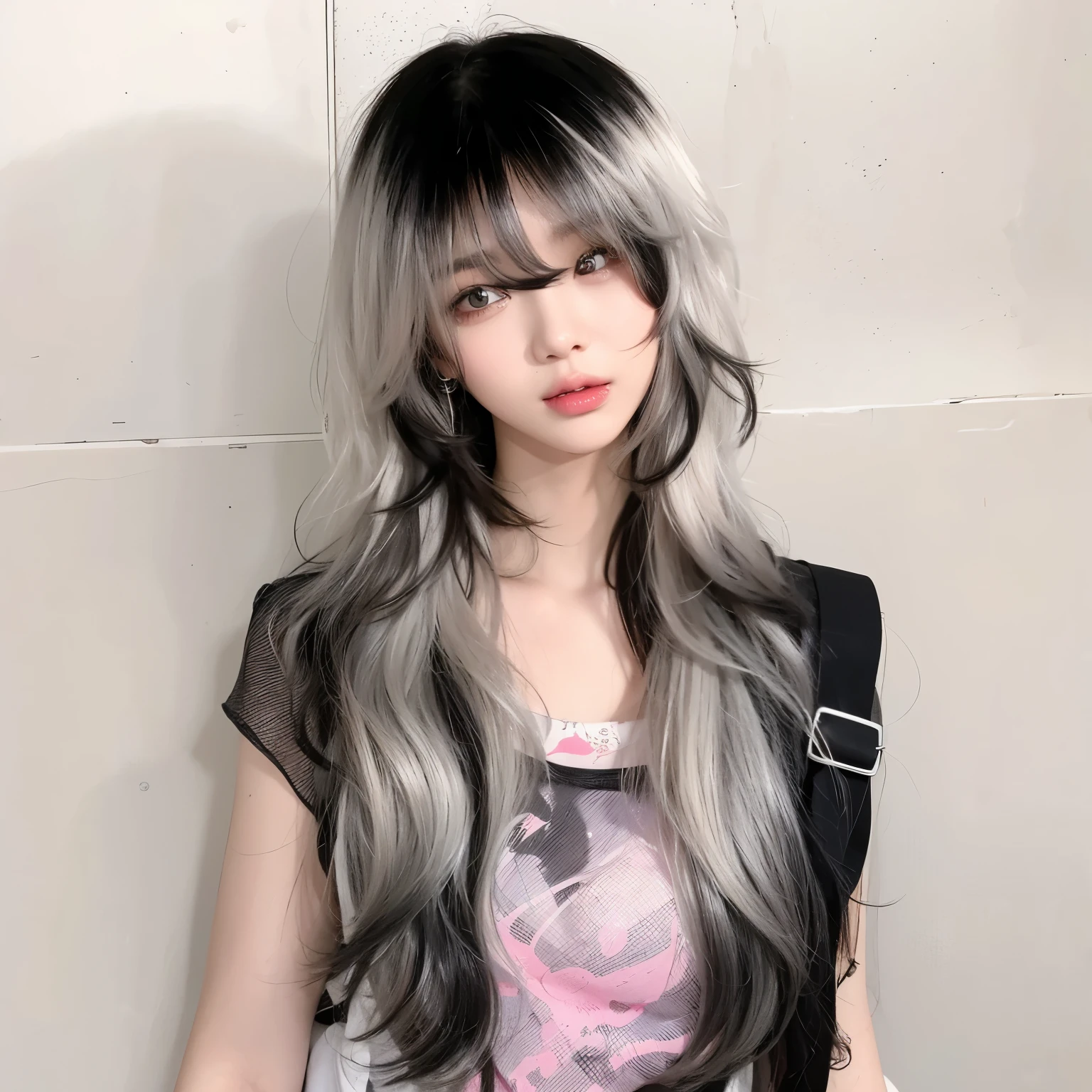 masterpiece, best quality, Girl wearing black and pink T-shirt,Gradient gray hair,Black and white gradient hair color,Flowing long hair,Long curly hair,Cool girl,a girl,Exquisite facial features,