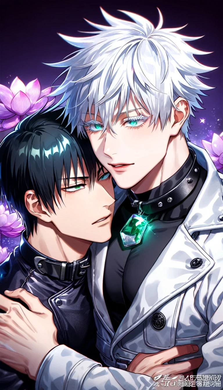 absurdres, highres, ultra detailed, HDR) master piece, best quality, Fushiguro Touji, black hair, expressive green eyes, black tight shirt, cropped leather jacket, black collar, Jujutsu Kaisen, Gojou Satoru, white hair, with bangs, expressive blue eyes, white eyelashes, two sexy men together, yaoi, gay couple, handsome, toned chest, white coat, magical fantasy, purple butterflies, glittering, sparkling, purple lotus, purple petals, radiant gemstone purple background, water