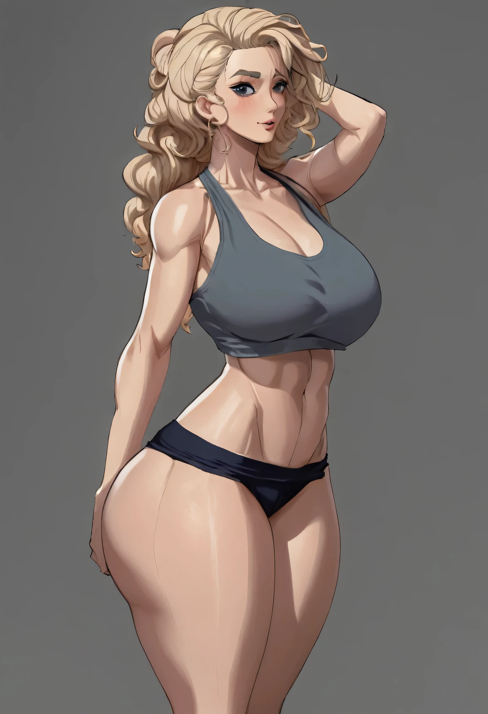 detailed illustration (side view),dynamic angle,ultra-detailed, illustration, pose for the camera, anime, clean line art, shading, woman, bulky, buff, tank top, booty shorts, flowing blonde curls, muscular, big muscles, tall, very tall, broad shoulders, wide shoulders, thick, thicc, shapely, curvy, plump, thunder thighs, tree trunks for legs, pythons for arms, toned stomach, flat stomach 