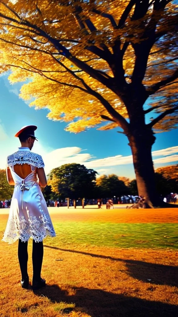 a middle-aged man in a white lace dress, joyfully dancing in a park, surrounded by audience, (best quality,4k,8k,highres,masterpiece:1.2),ultra-detailed,(realistic,photorealistic,photo-realistic:1.37),detailed facial features, intricate lace dress, dynamic movement, park setting with trees and spectators, vivid colors, warm lighting, whimsical, conceptual, surreal