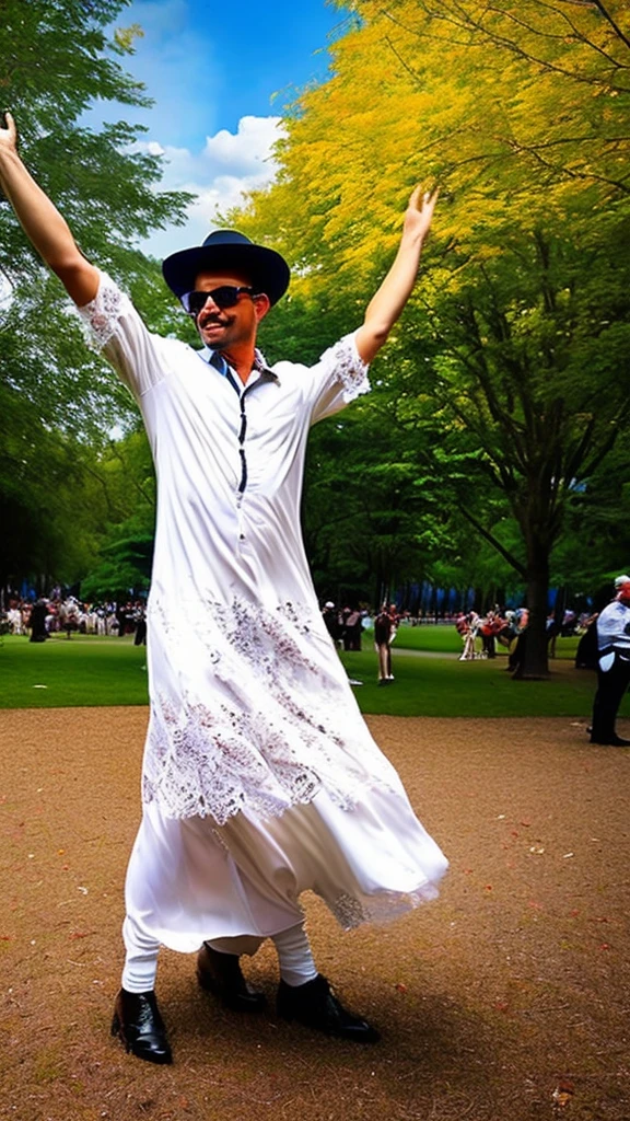 a middle-aged man in a white lace dress, joyfully dancing in a park, surrounded by audience, (best quality,4k,8k,highres,masterpiece:1.2),ultra-detailed,(realistic,photorealistic,photo-realistic:1.37),detailed facial features, intricate lace dress, dynamic movement, park setting with trees and spectators, vivid colors, warm lighting, whimsical, conceptual, surreal