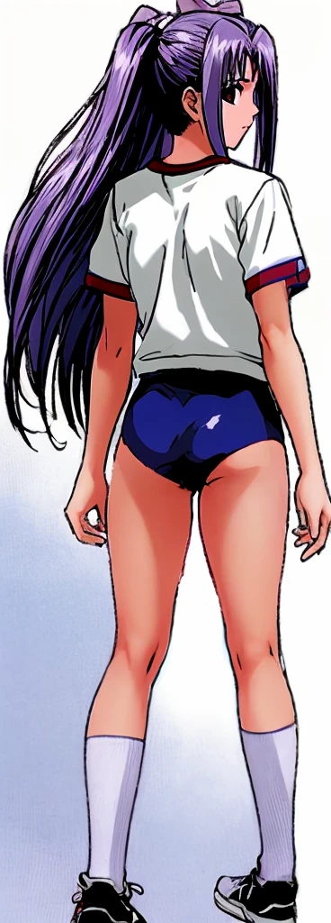 Momoko Koigakubo, a tall girl with beautiful legs, is standing with her legs spread to the sides in a white gym uniform and light navy blue bloomers that look like panties.。Angle from behind。