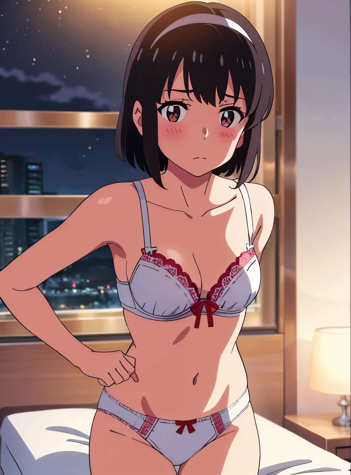 shinkai makoto, kimi no na wa., 1girl, bangs, black hair, brown eyes, short hair, red headband ,red ribbon, solo, blush, looking at the viewer, cute, bedroom, night, white bra, breast, medium breast, white panties, masterpiece, dynamic pose