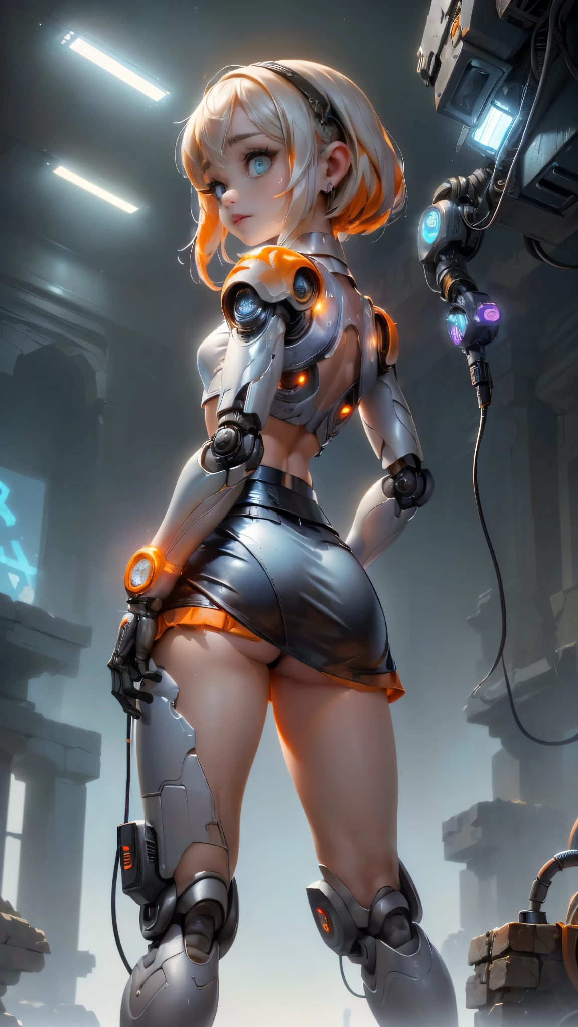 (La mejor calidad,A high resolution,Ultra - detallado,actual),sabrina carpenter cyborg transparent ,(plantas silvestres follaje :1.4) ,(Fondo de ruinas de mazmorra en ruinas piedras grandes cyberpunk :1.4 ), (weared in (translucent:1.2), ( mini skirt cyborg orange :1.4), top corto white transparent ,,(Fondo de ruinas de mazmorra en ruinas cyberpunk :1.4 ), (Mechanical vertebrae attached to the back, mechanical cervical attachment to the neck, (alambres y cables que se conectan:1.4 ) , Evangelion,( small bright LED lamps:1.4) , More detailed 8K.motor irreal:1.4,UHD,La mejor calidad:1.4, fotorrealista:1.4, textura de la piel:1.4, obra maestra:1.8,obra-prima, mejor calidad,objeto Objeto], (detailed face features:1.3),(Las proporciones correctas),(Ojos hermosos azules),  (pose vaquero),( sabrina carpenter:1.4), (sabrina carpenter V2.1),( perfect anatomy:1.4), (cyborg mechanical robot transparent plastic white:1.4), ,(Fondo de ruinas de mazmorra en ruinas piedras grandes caverna :1.4 ), (cinematic lighting :1.4), (fondo laboratorio robotic :1.4), (Cyborg inteligencia artificial :1.4),( face detailed :1.4), (no mutaciones),, (manos perfectas: 1.5),( dynamic cowboy pose), (mostrando panties),( fondo follaje hojas silvestres trepadora:1.4), (rear view, backside view),