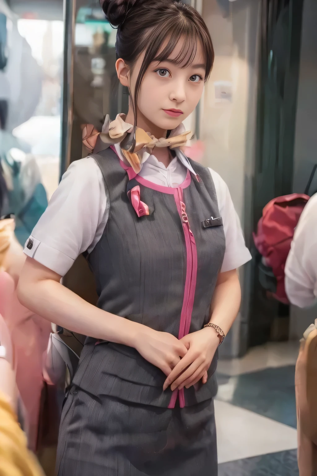 (masterpiece:1.2, highest quality:1.2), 32K HDR, High resolution, (alone、1 girl)、(On board the Shinkansen、Professional Lighting)、Background in the car、(Realistic style wearing JR GranClass attendant uniform)、Blouse with short sleeves、Scarf around the neck、(JR GranClass attendant uniform with pink parts on the sleeves of the skirt)、(JR GranClass attendant uniform with pink line on front zipper of vest)、Dark brown hair、(Hair tied up、Bun Hair、Chignon)、Dark brown hair、Long Shot、Big Breasts、((Fine hand:2.0)),((Harmonious body proportions:1.5)),((Normal limbs:2.0)),((Normal finger:2.0)),((Delicate eyes:2.0)),((Normal eyes:2.0)))、Luxury Necklace、Captivating look、Beautiful standing posture,Place your hands around your stomach