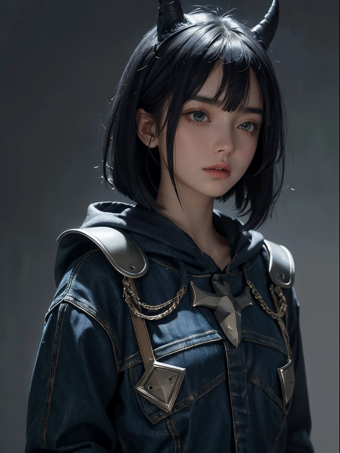 one horn on the left under the bangs, a girl, whole body, navy blue hood, wearing denim medieval hood with silver light armor, serious face, short bob hair with bangs, emerald green eyes, black hair, single horn on left, dark theme, soothing tones, muted colors, high contrast, looking away (natural skin texture, hyperrealism, soft light, sharp) armory background,