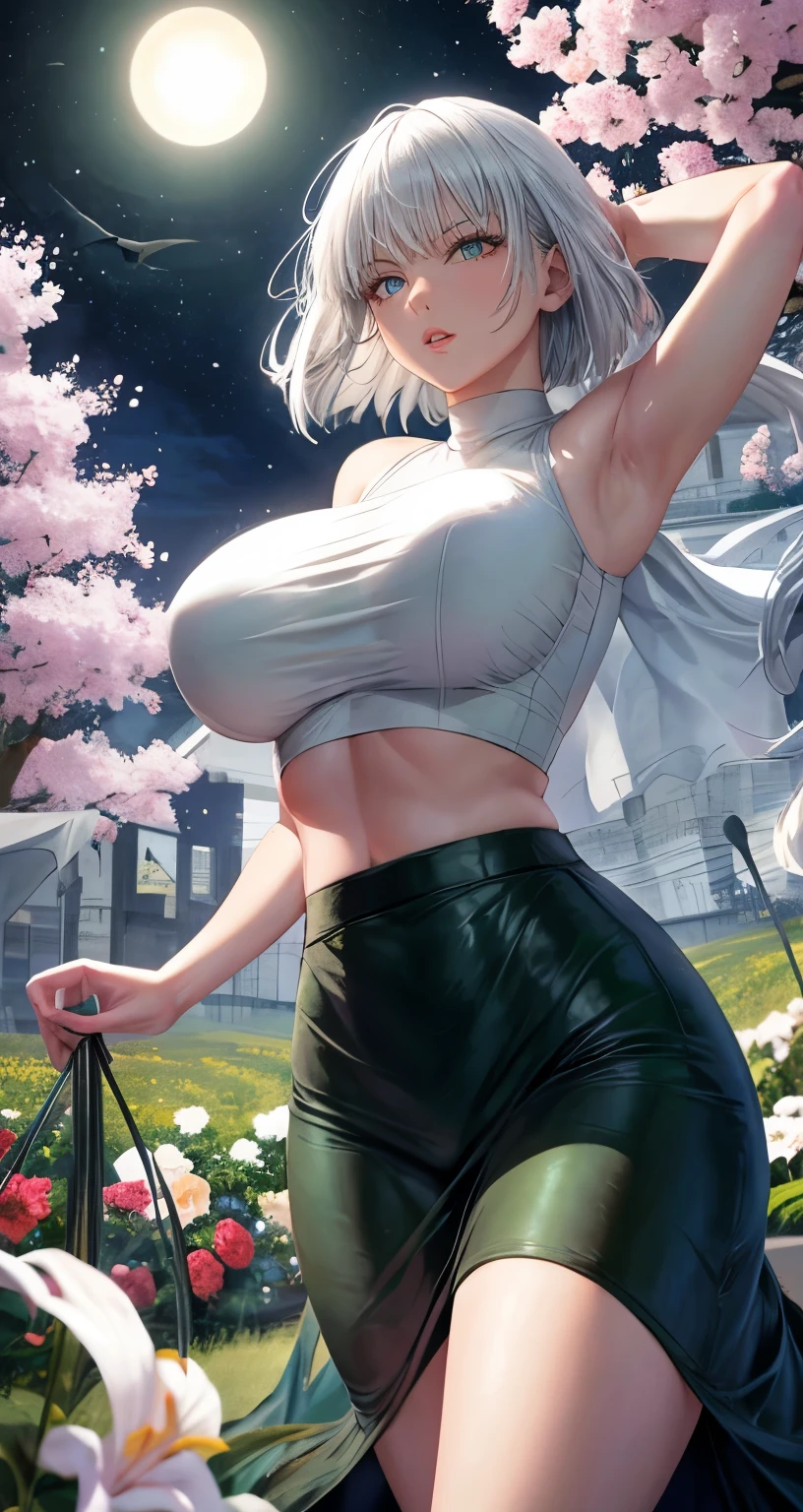 realistic, 1girl, Fubuki, white hair, green eyes, big round breasts, clear white skin, shining eyes, black crop top, dark green skirt, parted lips, rouge, night, flowers, sun, sunshine