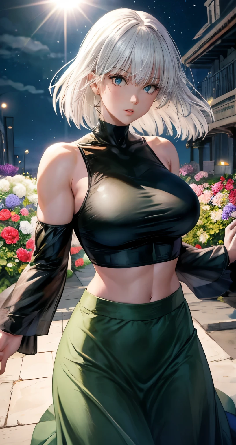 realistic, 1girl, Fubuki, white hair, green eyes, big round breasts, clear white skin, shining eyes, black crop top, dark green skirt, parted lips, rouge, night, flowers, sun, sunshine