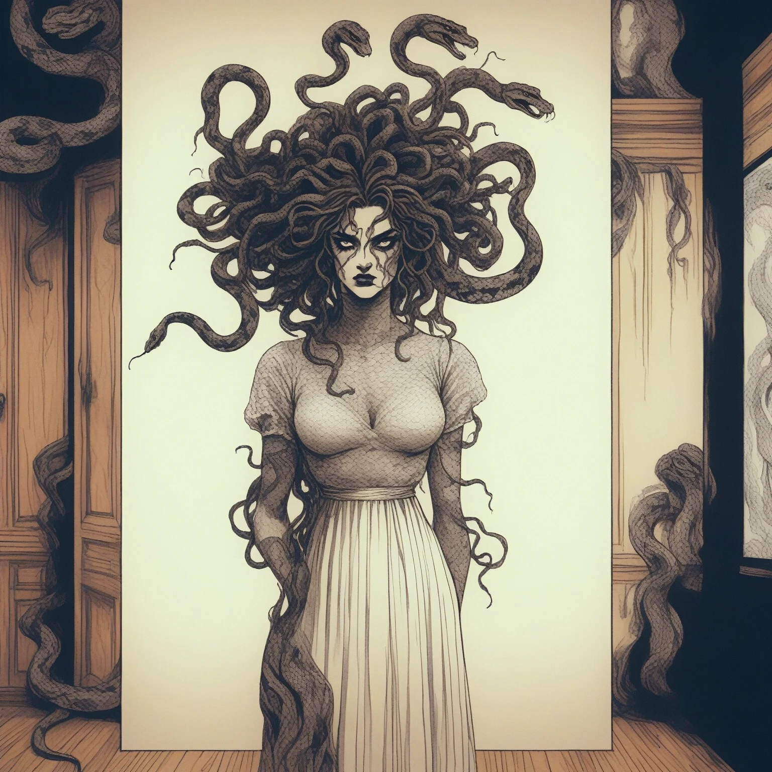 VHS, glitch, distorted, nostalgia, 90's retro vibes, analog tape, vcr aesthetics, tv, television, hand drawn, Gorgon Medusa snake woman hybrid, wearing dress made of white lace, ornate frilly shades of white lace linen outfit, full length portrait, in wooden room, nighttime, no light source, darkness, (full roygbiv color) ink charcoal expressive illustration