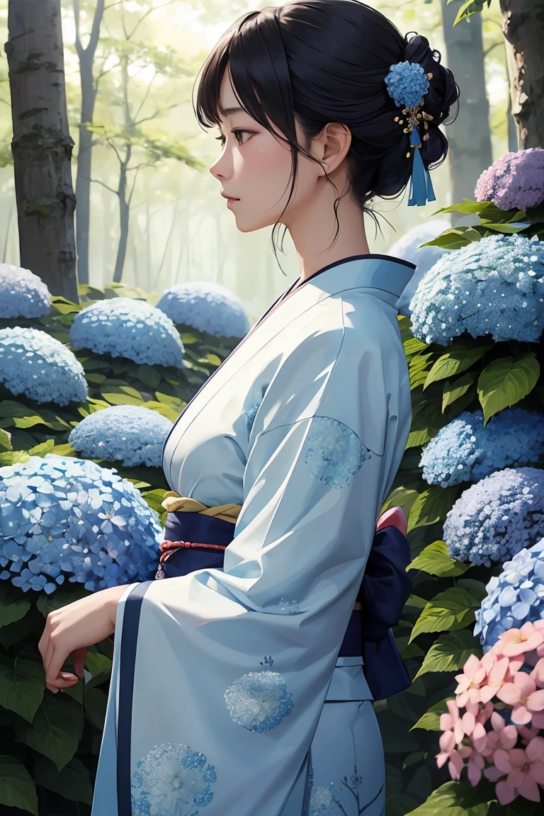 masterpiece ,highest quality, delicateな髪の美しい女性, Flowers, forest, Blooming hydrangeas,profile,Fleeting,beauty,delicate,Cinematic,Japanese women,profile,mature,Shiny woman,Downward Angle,Light blue floral kimono