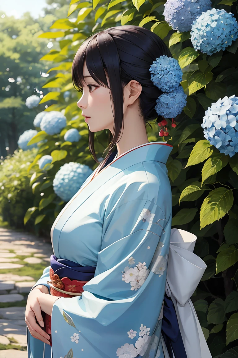 masterpiece ,highest quality, delicateな髪の美しい女性, Flowers, forest, Blooming hydrangeas,profile,Fleeting,beauty,delicate,Cinematic,Japanese women,profile,mature,Shiny woman,Downward Angle,Light blue floral kimono