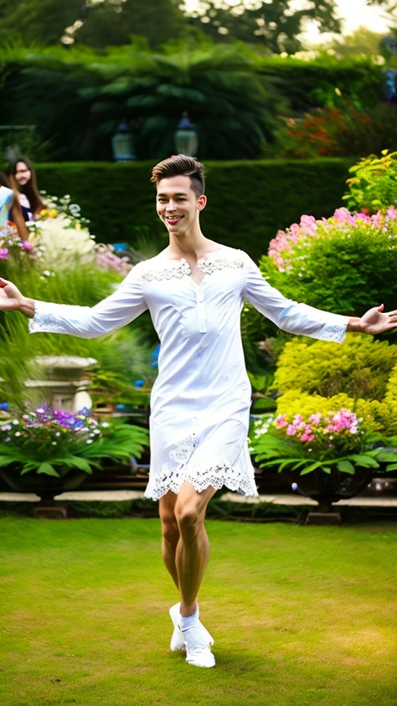 Handsome young man in a white lace dress、Dance merrily、garden、audience