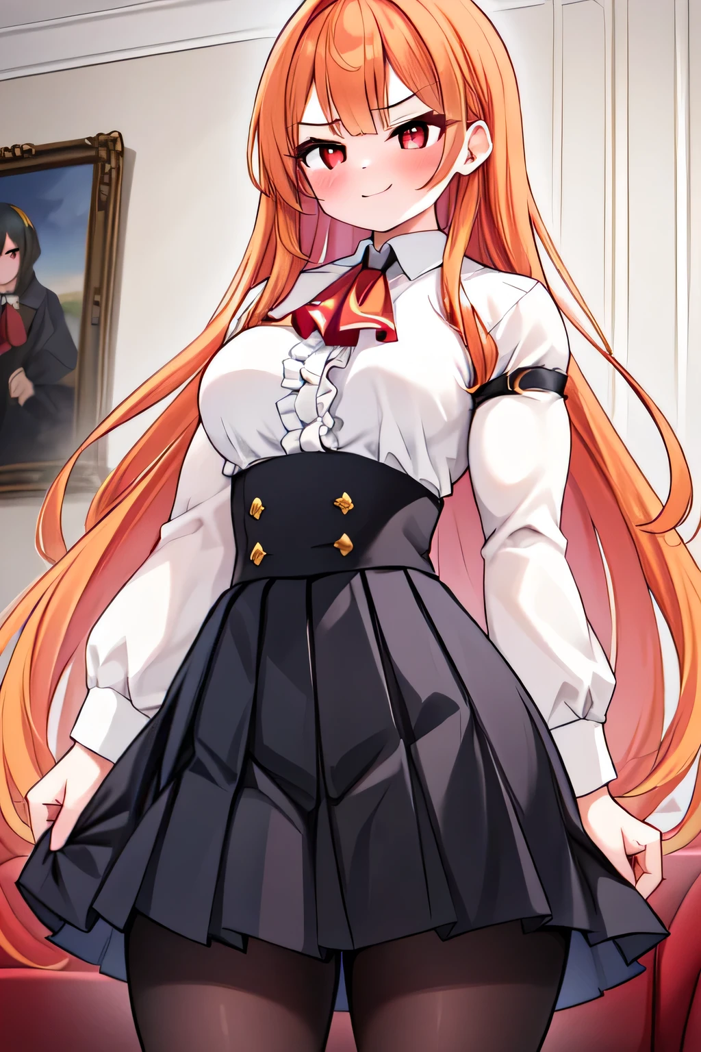 ((best quality)), ((masterpiece)), (detailed), (perfect anatomy), (exquisite clothing);
1girl, solo, living room, afternoon, standing tall;
Perfect face, orange hair, very long hair, fanged bangs, sidelocks, blushing, red eyes, bright pupils, squinting, smug smile;
Tall, mature, (bulky:1.2), deltoids, trapezius, medium breasts, thick arms, biceps, triceps, covered navel, abs, wide hips, thick thighs, glutes, quads, lats, hamstrings; 
(White dress shirt, center frills, long sleeves), red ascot, (underbust, black skirt, high-waist, pleated), black pantyhose.