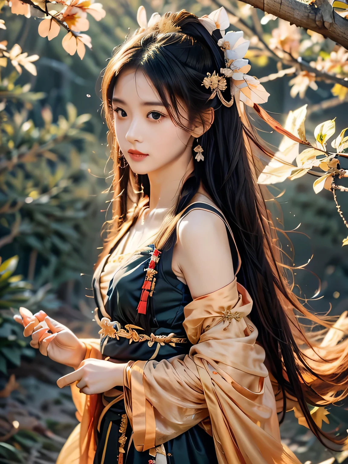 A beautiful girl,18 years old,Delicate face,Black long hair,Hanfu,Peach Blossom Forest,Medium shot,side。