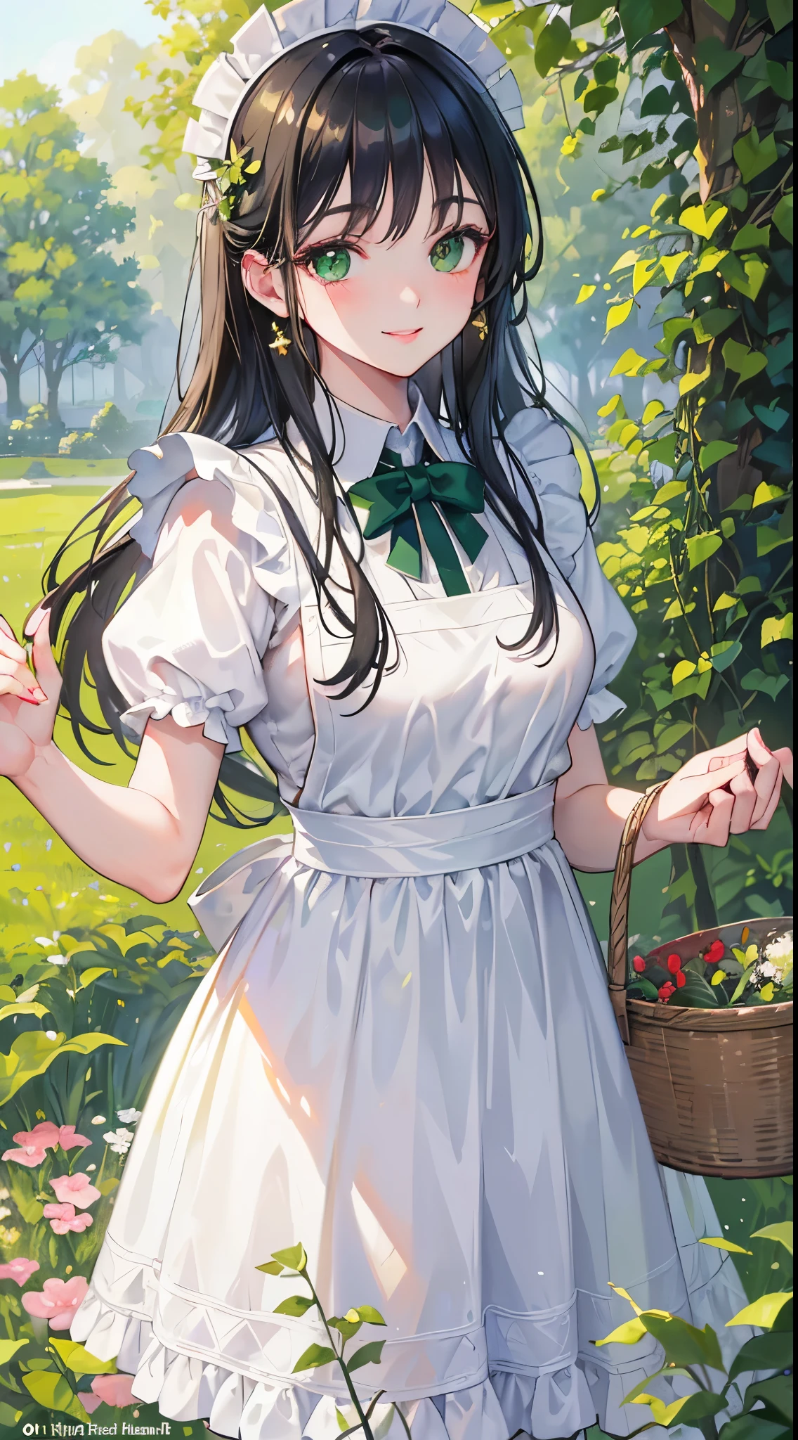 masterpiece, highest quality, Very detailed, Beautiful lighting, With a girl, White apron, Black Hair, (Green Eyes: 1.3), Are standing, The park is forbidden, Beautiful views, Mild hot flashes, smile, (cute smile: 1,1), (Bright lips: 1,1), (Beautiful Eyes: 1,1), Long-haired, Harvesting herbs in the garden, 